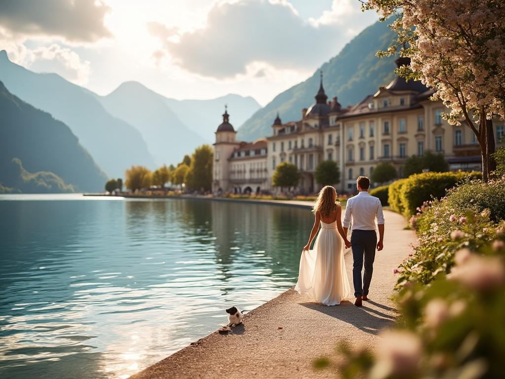 Couple marchant le long d'un lac alpin.