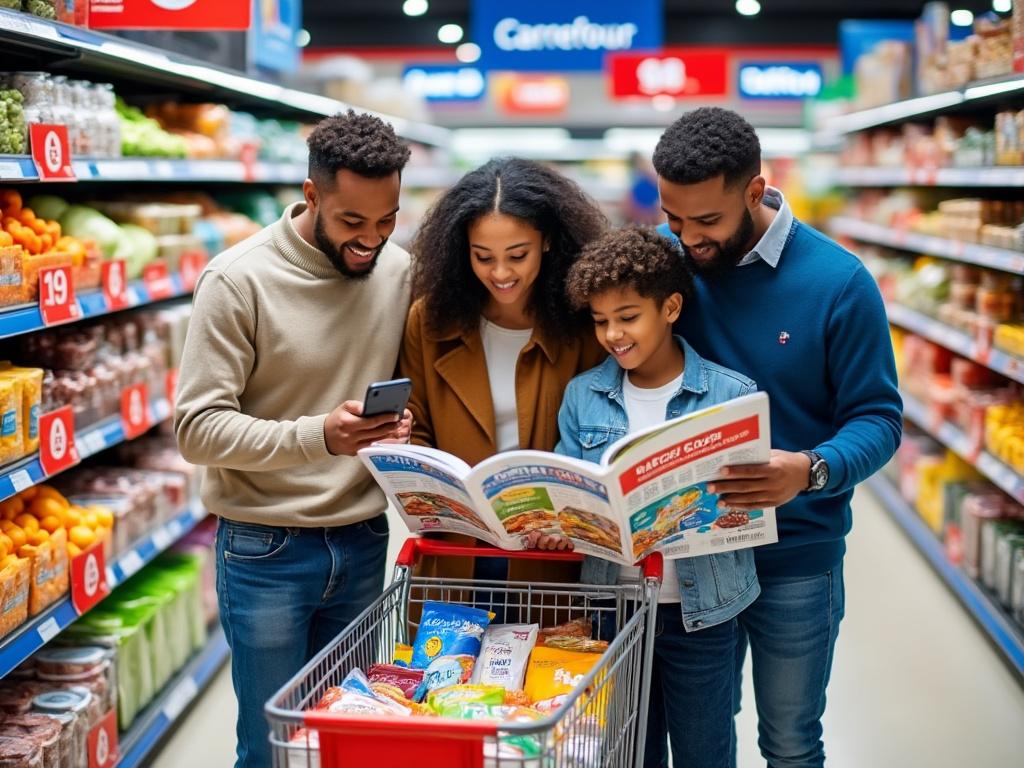 Famille lisant catalogue dans un supermarché.