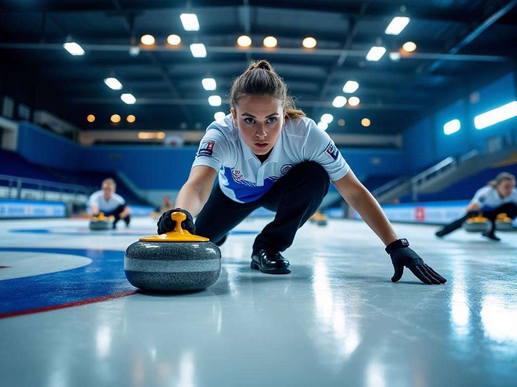 Femme concentrée jouant au curling sur la glace.