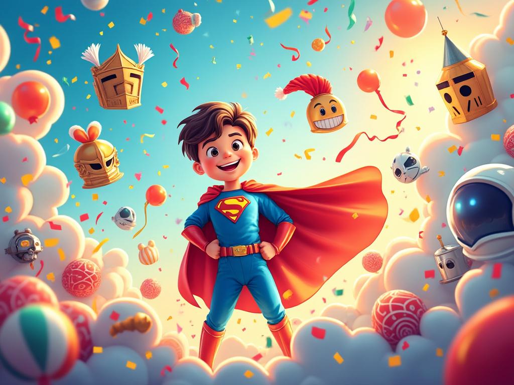 Enfant en super-héros volant, entouré de confettis.