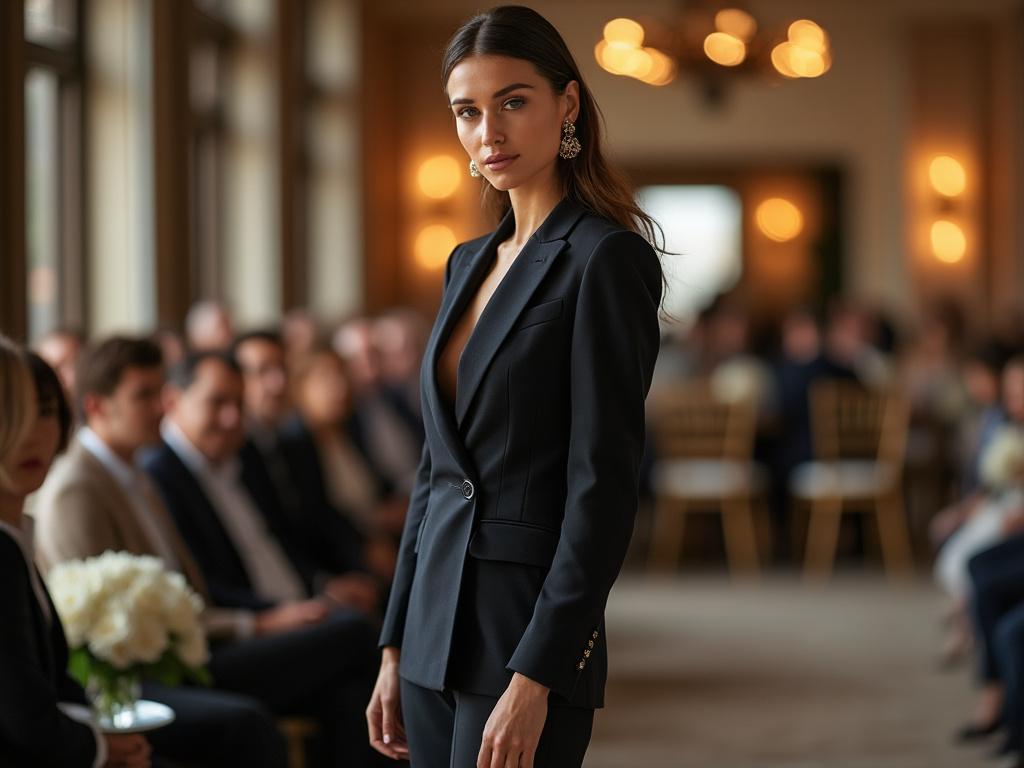 Femme élégante en costume lors d'un événement formel.